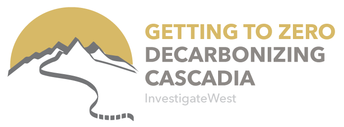 "Getting to Zero: Decarbonizing Cascadia" and "Investigate West" in gold and dark gray font next to a digital illustration of a mountain against a yellow half-circle.