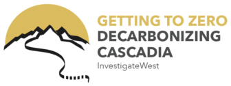 "Getting to Zero: Decarbonizing Cascadia" and "Investigate West" in gold and dark gray font next to a digital illustration of a mountain against a yellow half-circle.