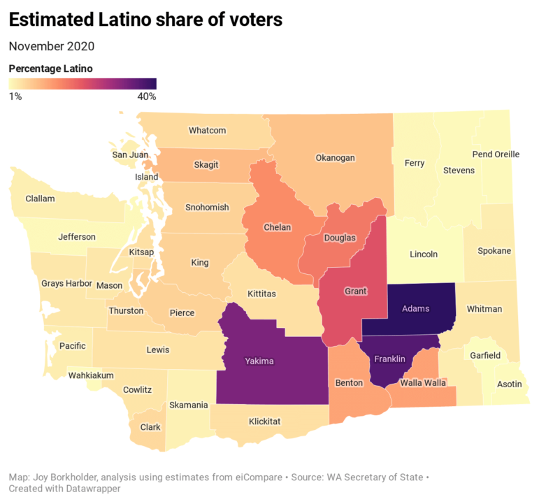 A heat map of the estimated Latino share of voters in Washington state.