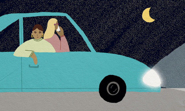 An illustration of two people in a bright blue car, driving at night.