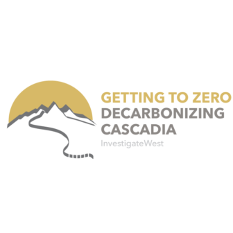 Illustrated image of a mountain next to the text "Getting to Zero Decarbonizing Cascadia - InvestigateWest"